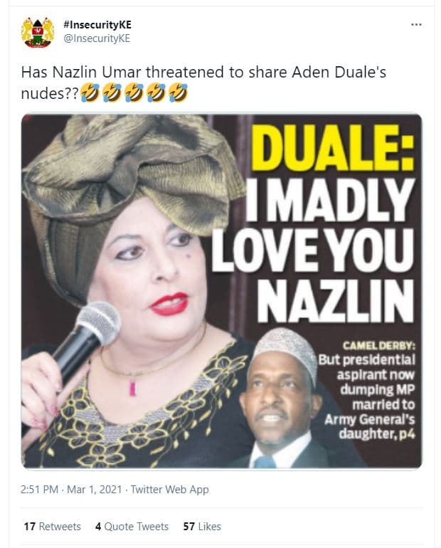 Insecurityke insecurityke has nazlin umar threatened to share aden duale's nudes