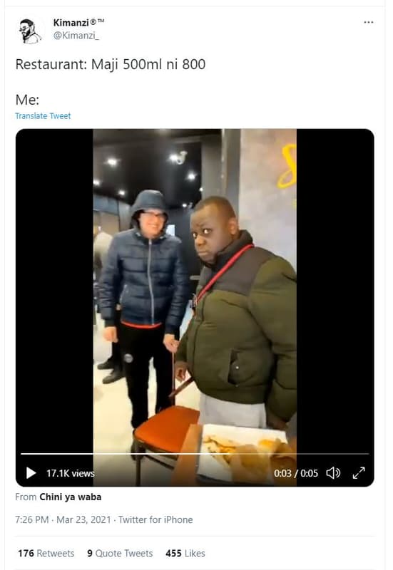 Kimanzi kimanzi _ restaurant maji 5ooml ni 800 me translate tweet 17.1k views 0.