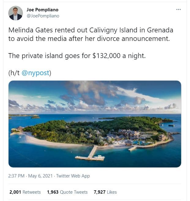 Joe pompliano joepompliano melinda gates rented out calivigny island in grenada
