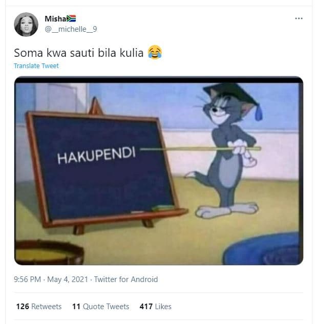 Misha michelle soma kwa sauti bila kulia translate twveet hakupendi 9.56 pm may