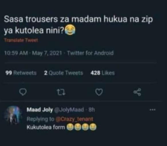 Sasa trousers za madam hukua na zip ya kutolea nini? 10 30 amay 7 twtmer lor and