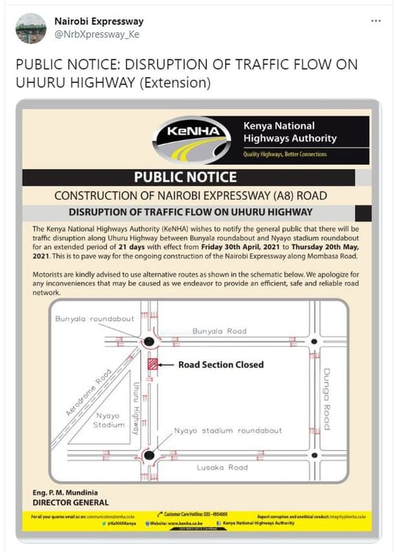 Nairobi expressway nrbxpressway_ke public notice disruption of traffic flow on u