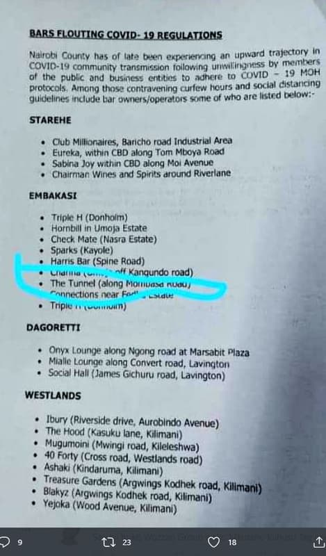 Bars fl quiing cqvid 19 regulatiqns nairobi courty has 0f iat? dién expxsfleryın