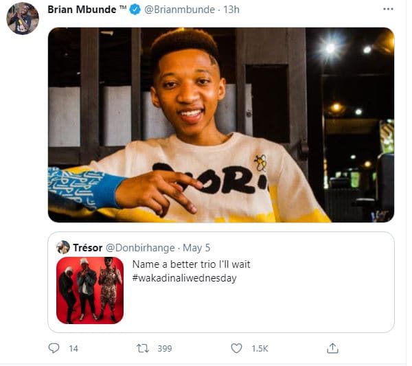 Brian mbunde brianmbunde 13h srá trésor donbirhange . may 5 name better trio 'il