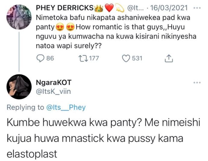 Phey derricks it. 1603 nimetoka bafu nikapata ashaniwekea pad kwa panty how roma