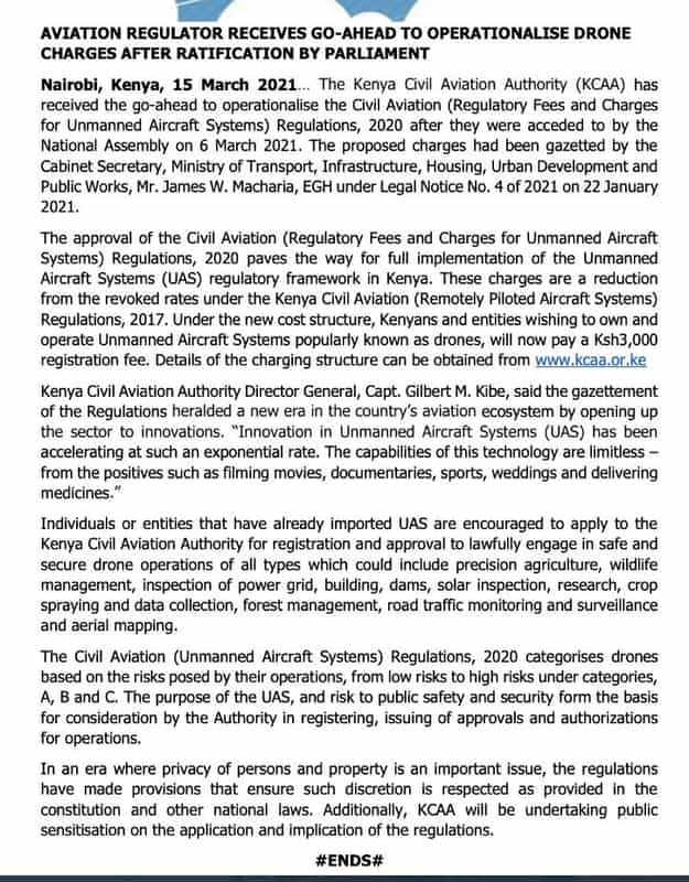 Aviation regulator receives goahead to operationalise drone charges after ratifi