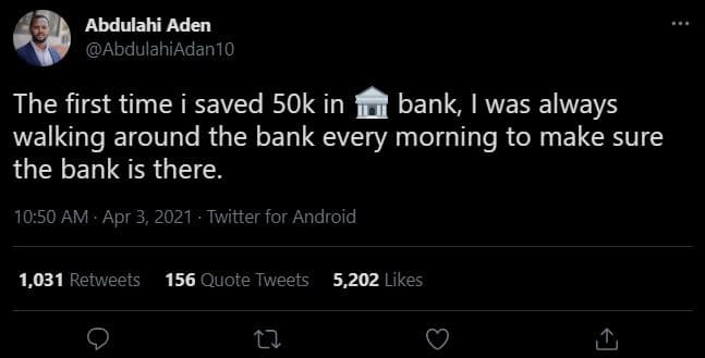 Abdulahi aden abdulahiadan10 the first time i saved 5ok in bank was always walki