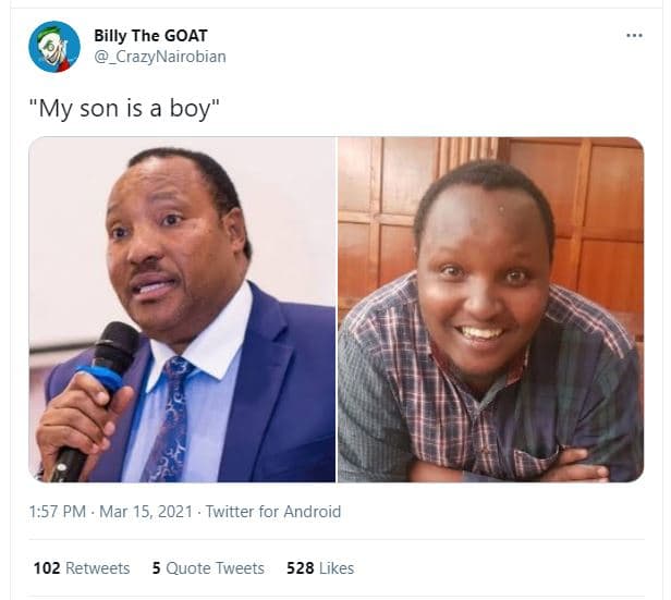 Billy the goat _crazynairobian my son is a boy 1.57 pm mar 15, twitter for andro