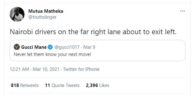 Mutua matheka truthslinger nairobi drivers on the far right lane about to exit l