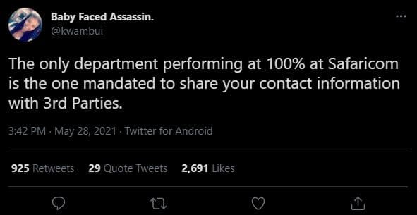 Baby faced assassin. kwambui the only department performing at 100 at safaricom