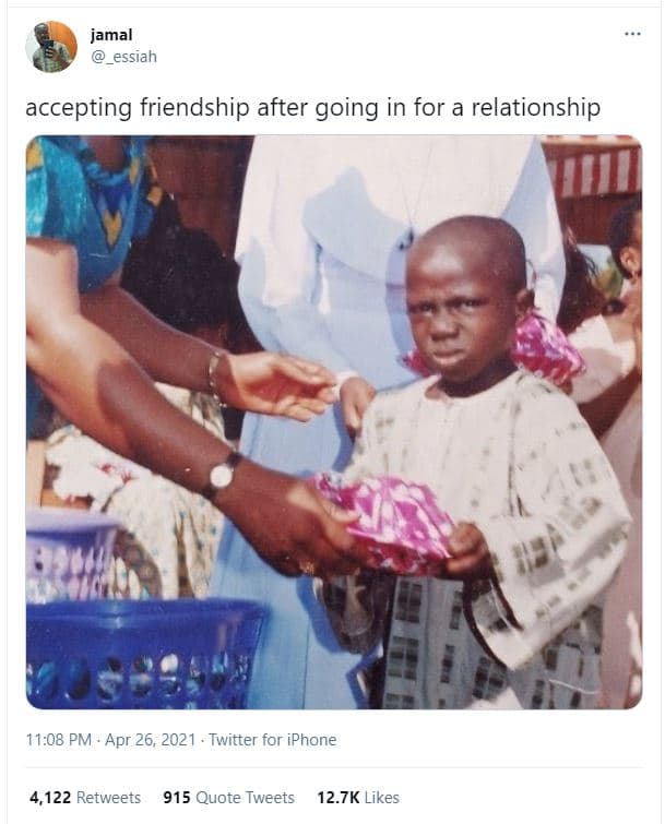 Jamal essiah accepting friendship after going in for a relationship 11.08 pm . a