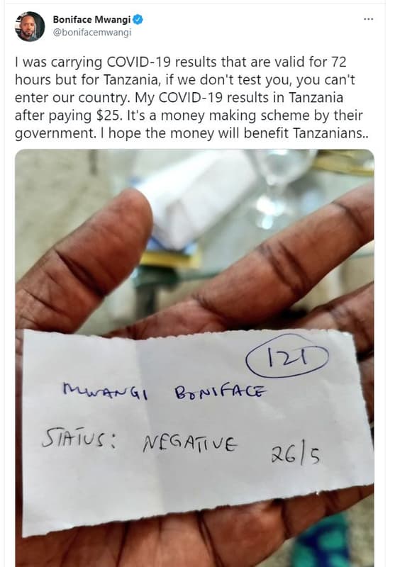Boniface mwangi bonifacemwangi was carrying covid19 results that are valid for 7