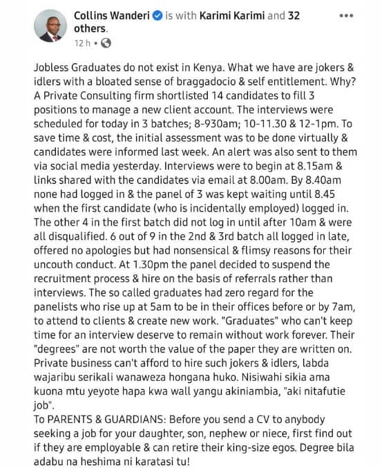 Collins wanderi others 12 h . 0 is with karimi karimi and 32 jobless graduates d