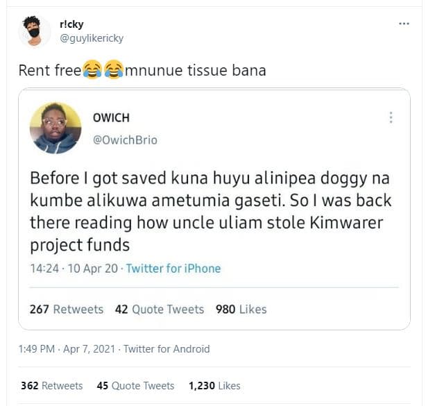 Ricky guylikericky rent free mnunue tissue bana owich owichbrio before got saved