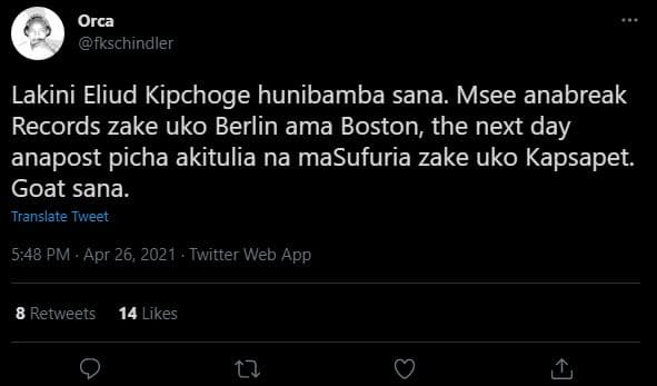 Orca fkschindler lakini eliud kipchoge hunibamba sana msee anabreak records zake
