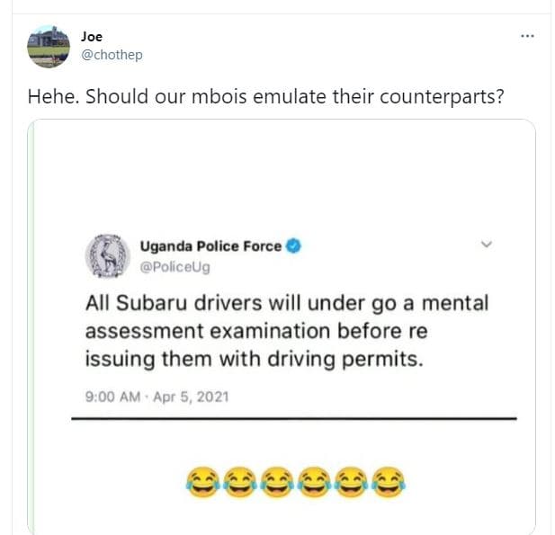 Joe chothep hehe. should our mbois emulate their counterparts? uganda police for
