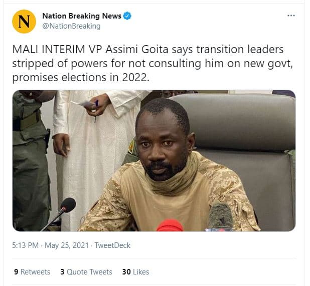 Nation breaking news nationbreaking mali interim vp assimi goita says transition