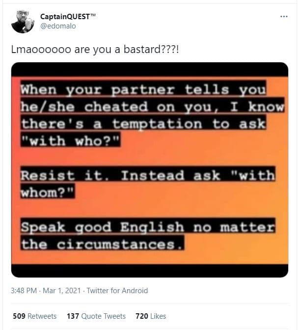 Captainquest edomalo lmaoooooo are you a bastard???! when youe_partner tells you