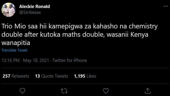 Aleckie ronald siralexas trio mio saa hii kamepigwa za kahasho na chemistry doub