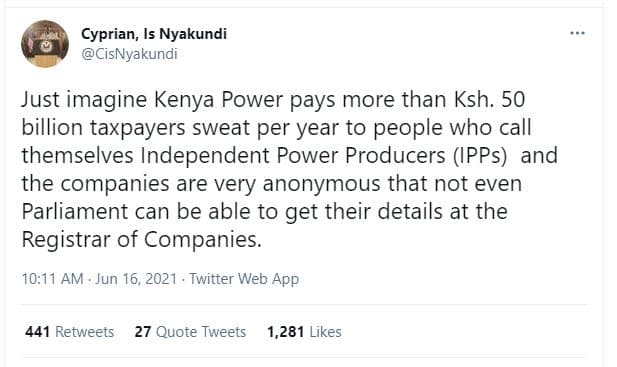 Cyprian, is nyakundi cisnyakundi just imagine kenya power pays more than ksh. 50