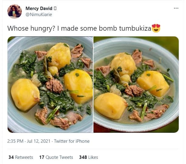Mercy david nimukiarie whose hungry? made some bomb tumbukiza 2.35 pm . jul 12,