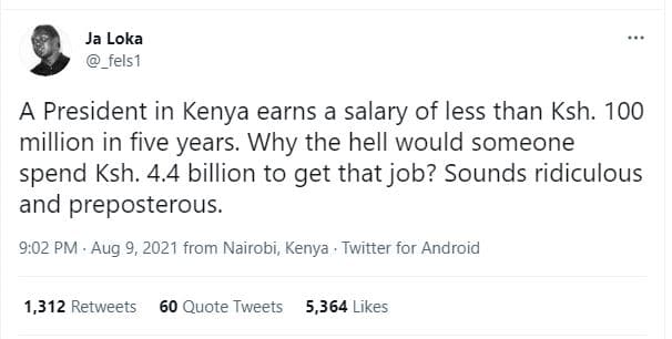 Ja loka fels1 a president in kenya earns a salary of less than ksh. 100 million