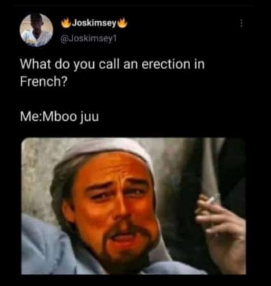 Josklmsey joskimgey what do you call an erection in french? me mboo juu