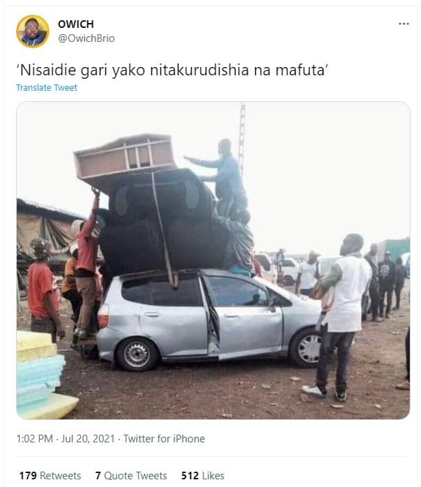 Owich owichbrio 'nisaidie gari yako nitakurudishia na mafuta' translate tweet 1.