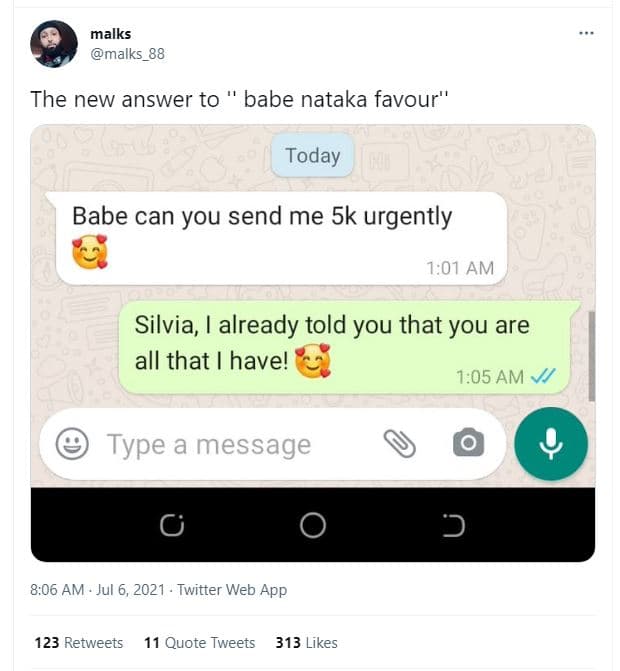 Malks malks_88 the new answer to babe nataka favour' today babe can you send me