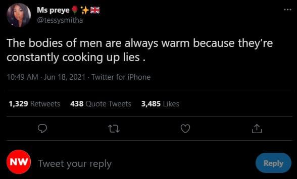 Ms preye tessysmitha the bodies of men are always warm because they're constantl