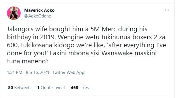 Maverick aoko aokootieno _ jalango's wife bought him a 5m merc during his birthd