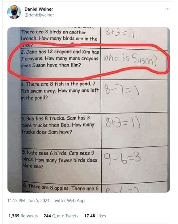 Daniel weiner danieljweiner there are 3 birds on another 3 branch. how many bird