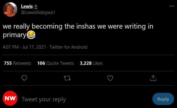 Lewis lewisndegwa1 we really becoming the inshas we were writing in primary 4,07