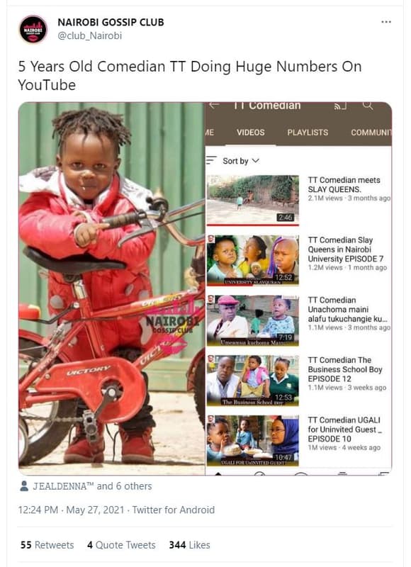 Nairobi gossip club club_nairobi 5 years old comedian tt doing huge numbers on y