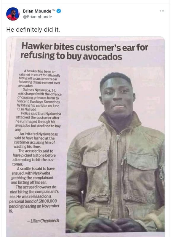Brian mbunde brianmbunde he definitely did it. hawker bites customer's ear for r