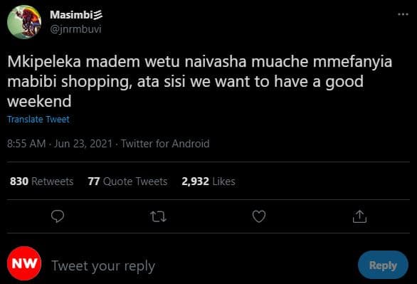 Masimbiz jnrmbuvi mkipeleka madem wetu naivasha muache mmefanyia mabibi shopping
