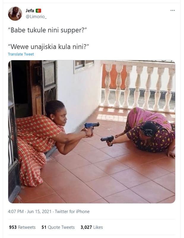Jefa limorio_ babe tukule nini supper? wewe unajiskia kula nini? translate tweet