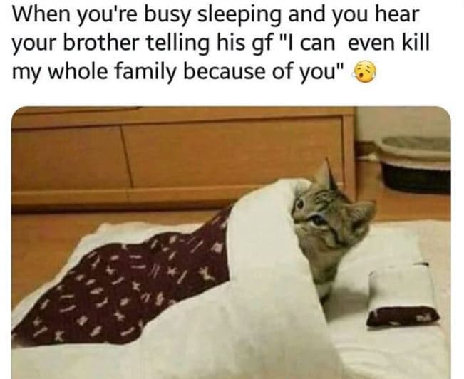 When you're busy sleeping and you hear your brother telling his gf i can even ki