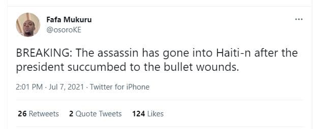 Fafa mukuru osoroke breaking the assassin has gone into haitin after the preside