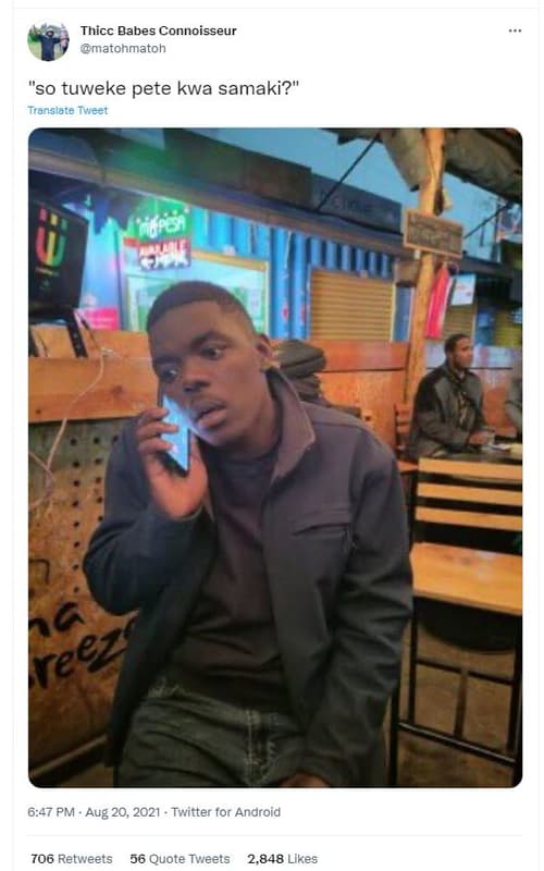 Thicc babes connoisseur matohmatoh so tuweke pete kwa samaki? translate tweet 6.