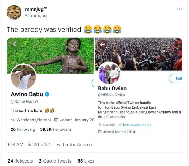 Mmnjug mmnjug the parody was verified e6 folll babu owino hebabuowino awino babu