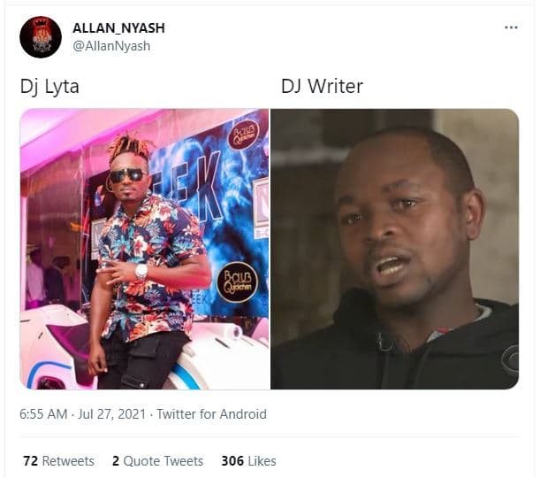 Allan_nyash allannyash dj lyta dj writer 6.55 am jul 27, twitter for android 72