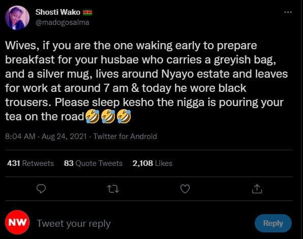 Shosti wako madogosalma wives, if you are the one waking early to prepare breakf