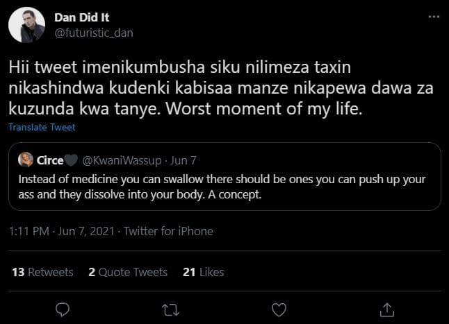 Dan did it futuristic_dan hii tweet imenikumbusha siku nilimeza taxin nikashindw