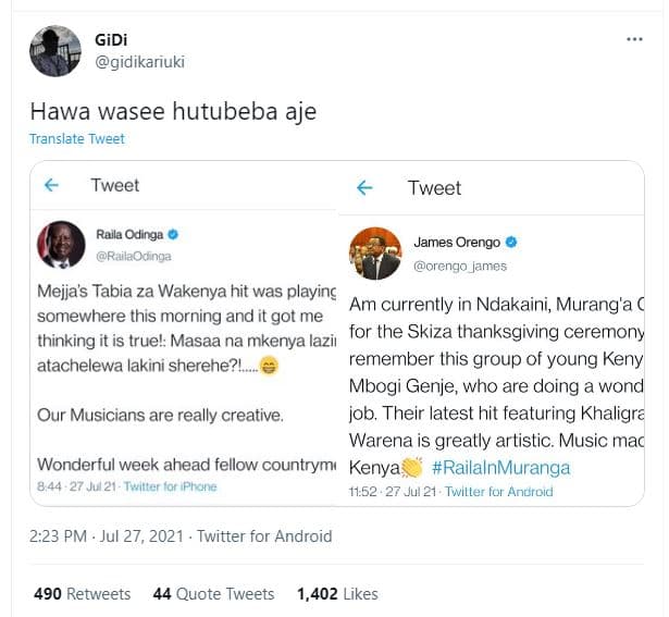 Gidi gidikariuki hawa wasee hutubeba aje translate tweet tweet tweet raila oding