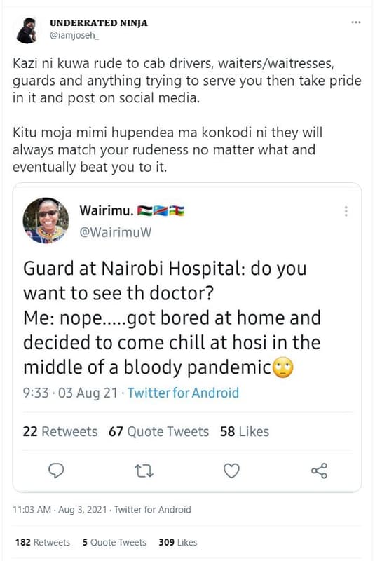 Underrated ninja iamjosen_ kazi ni kuwa rude to cab drivers, waiterswaitresses,