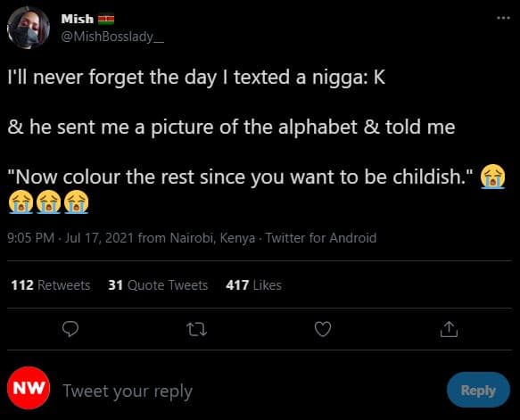 Mish mishbosslady i'il never forget the day texted a nigga k he sent me a pictur