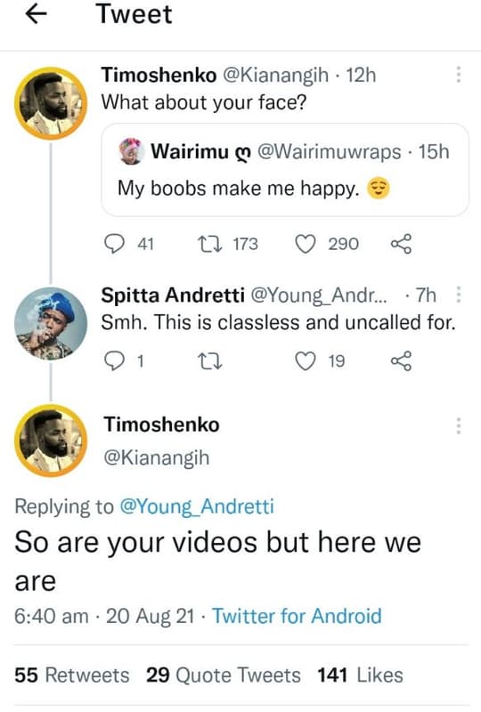 Tweet timoshenko kianangih 12h what about your face? wairimu wairimuwraps 15h my