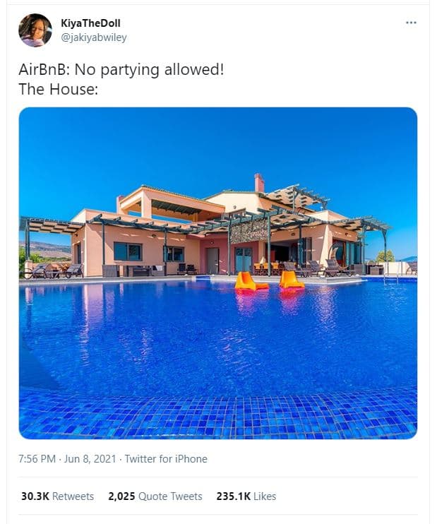 Kiyathedoll jakiyabwiley airbnb no partying allowed! the house 7.56 pm jun 8, tw
