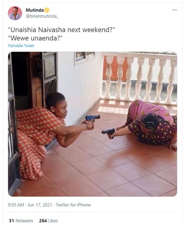 Mutinda brianmutinda unaishia naivasha next weekend? wewe unaenda? translate twe